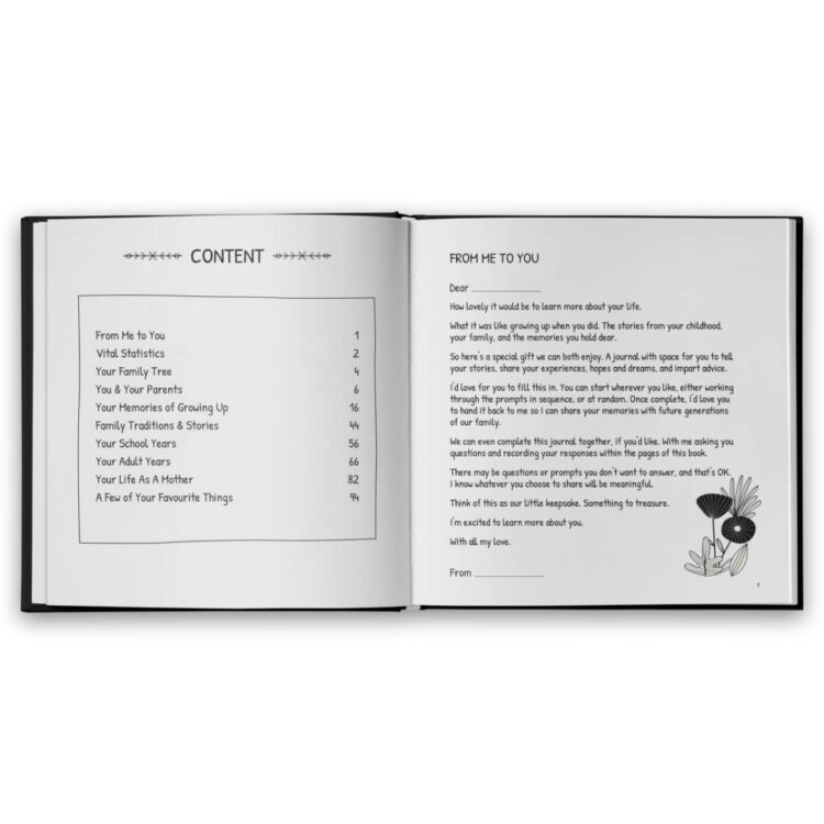 In my mothers words story memory journal intro page