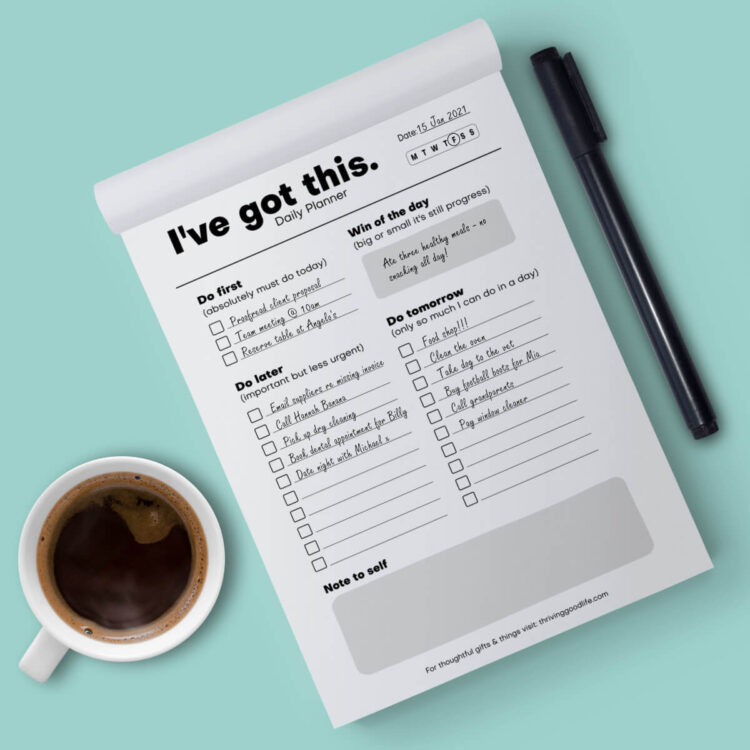 I've got this notepad diagonal flatlay with coffee cup and pen