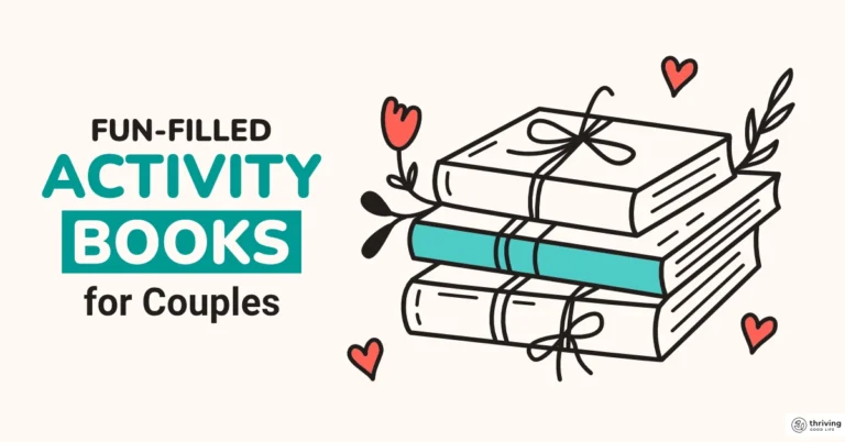 Illustrated line-drawing of stacked books surrounded by love hearts with text overlay that reads fun-filled activity books for couples