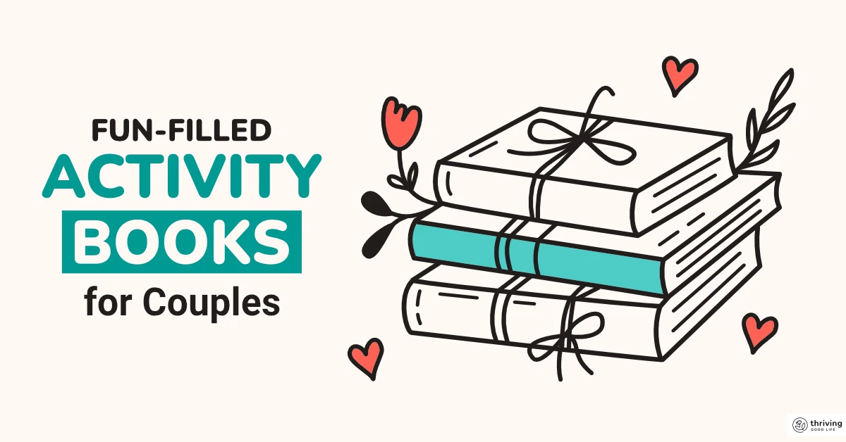 Illustrated line-drawing of stacked books surrounded by love hearts with text overlay that reads fun-filled activity books for couples