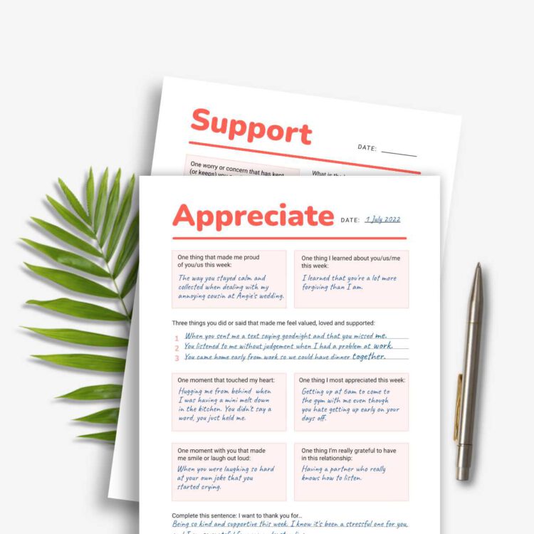 Printable couples relationship check-in journaling pages on solid colour background