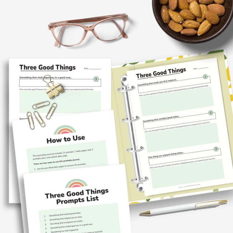 three good things journaling pages inside ring binder