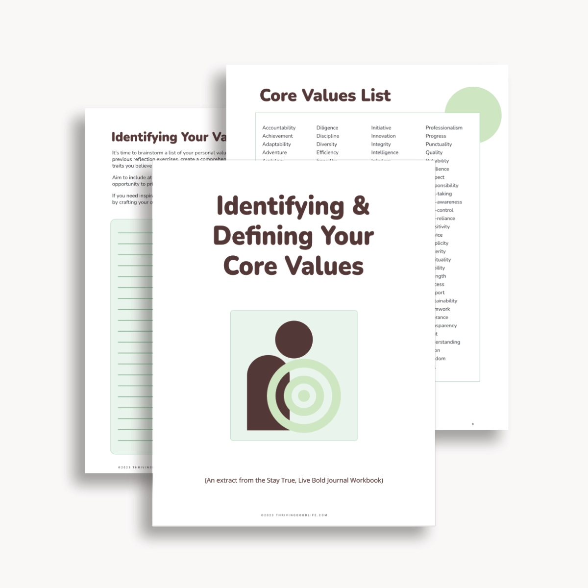 flat lay core values prompt journaling workbook pages on plain background