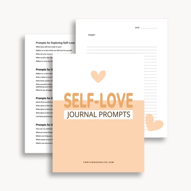 flat lay self-love prompt journaling pages on plain background