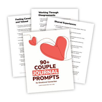 loose journaling pages with cover featuring two love hearts connected by string text overlay that reads 90+ couples journal prompts for emotional connection