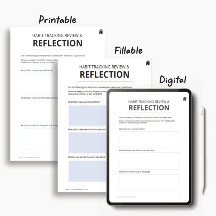 flatlay printable habit tracker journal workbook PDF pages and iPad digital tablet with stylus