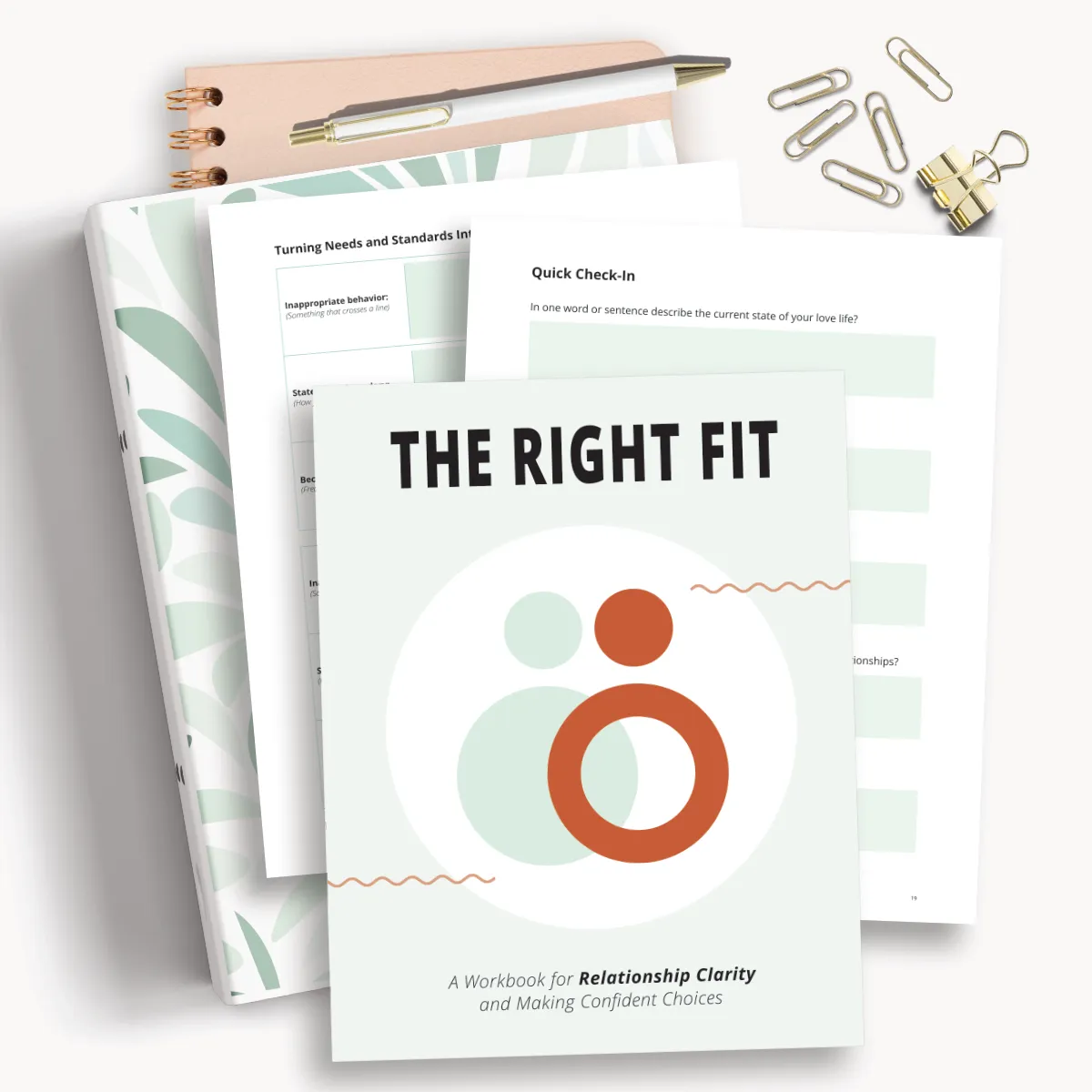 flatlay printable from the right fit relationship clarity workbook PDF pages on top of ring binder and notebook