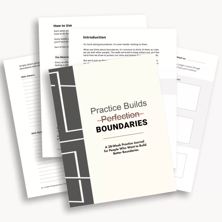 Printed pages of the “Practice Builds Boundaries” journal stacked on a plain background.