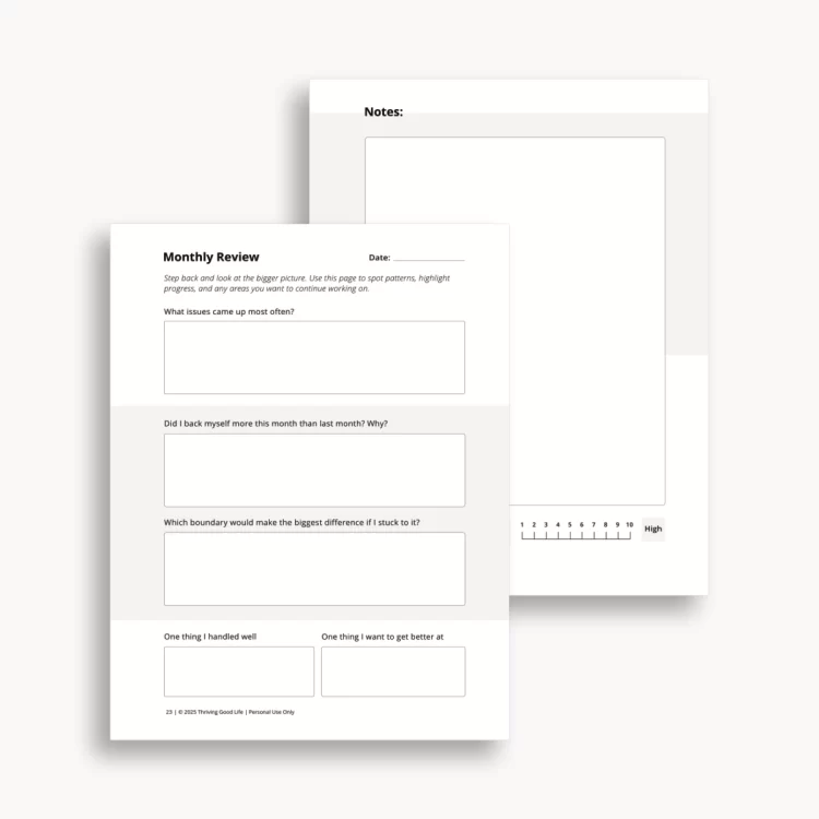 Printable interior pages from the “Practice Builds Boundaries” journal showing prompts.