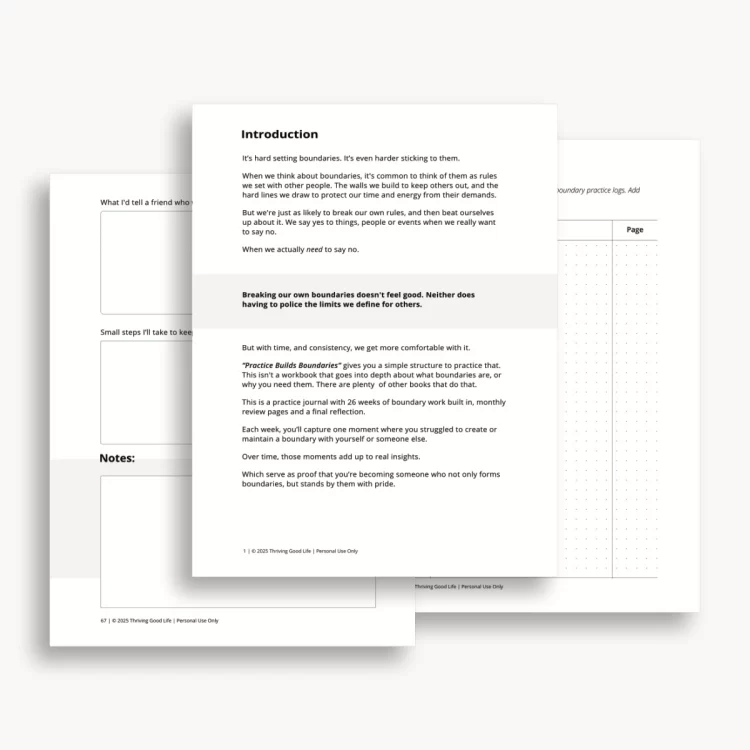 Multiple printed pages from the “Practice Builds Boundaries” journal stacked together on a flat surface.