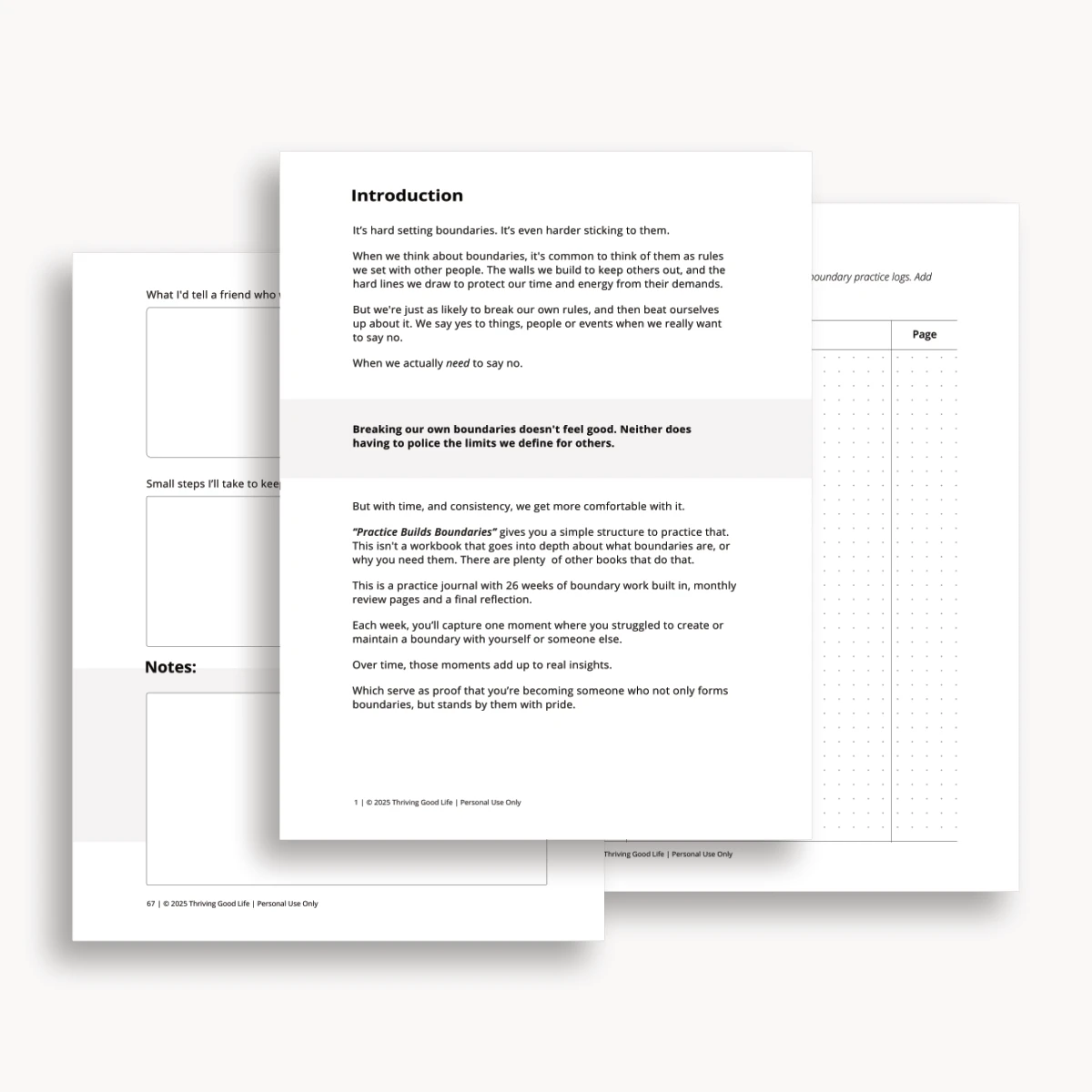 Multiple printed pages from the “Practice Builds Boundaries” journal stacked together on a flat surface.