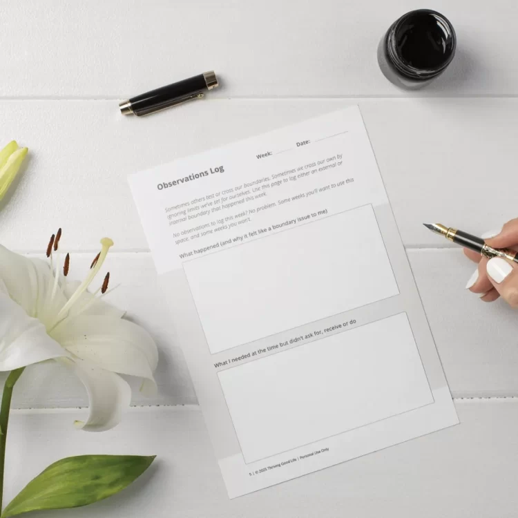 Printable page from the “Practice Builds Boundaries” journal with a hand holding a pen and white orchids.