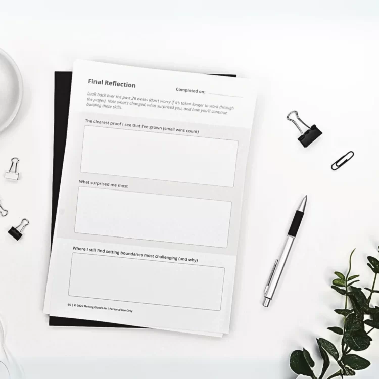 Printable page from the “Practice Builds Boundaries” journal with space for weekly practice notes, styled with a pen and greenery.