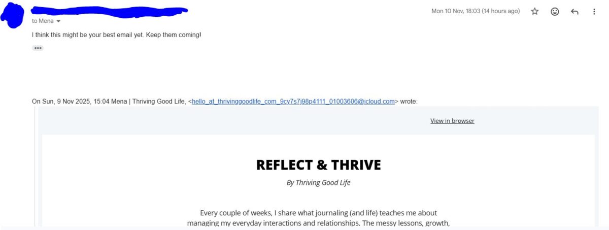 screenshot of email with encouraging words of support