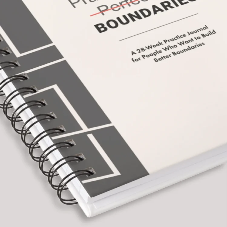 Close-up of the spiral binding and modern cover design of the Practice Builds Boundaries self-management journal.